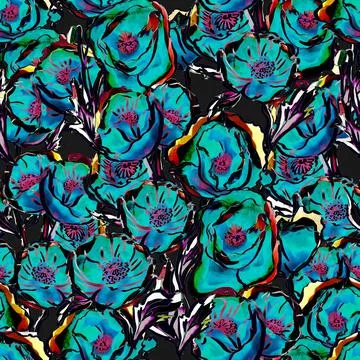 Floral abstract pattern with blue flowers on a dark background Иллюстрация