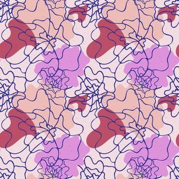 Floral abstract seamless pattern, hand drawn outline illustration, pink lilac Stock Illustration