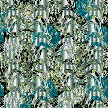 Floral abstract vector seamless pattern. Silver drapery baroque 3d background 스톡 일러스트