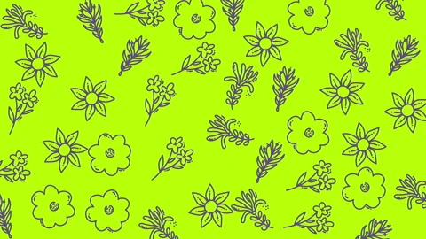 Floral agricultural pattern creates a bright green background with dark purple f Stock Footage 322130978