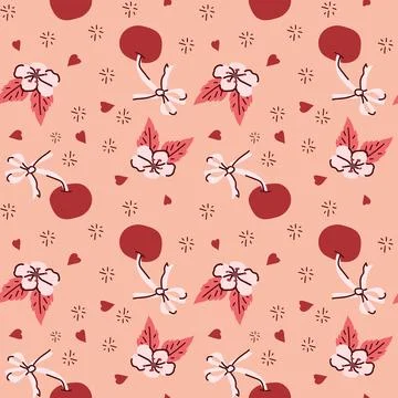 Floral and cherry pattern on peach background with heart accents 스톡 일러스트