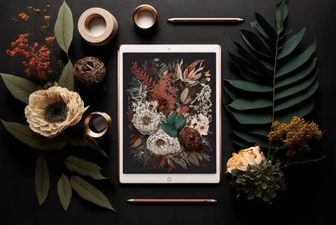 Floral arrangement and tablet in a flat lay. Generative AI Stock Illustration