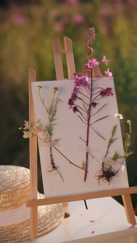 Floral art display on easel with straw hat in a sunlit meadow during summer Stock Footage 318157002