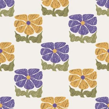 Floral Art Seamless Pattern With Hand-Drawn Botanical Yellow Blue Flowers A.. Stockillustratie