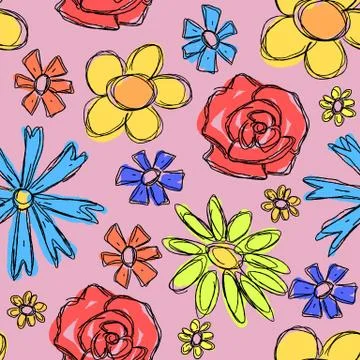 Floral background doodle. Scrapbook scribble seamless texture with flowers. D 库存插图