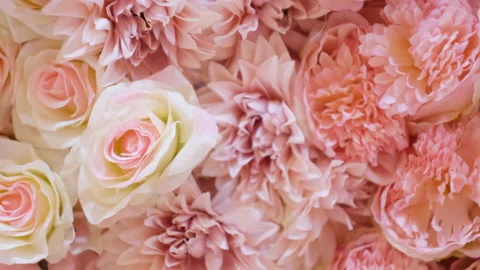Floral background texture. Artificial flowers in pastel colors on the wall. 動画素材 233199234
