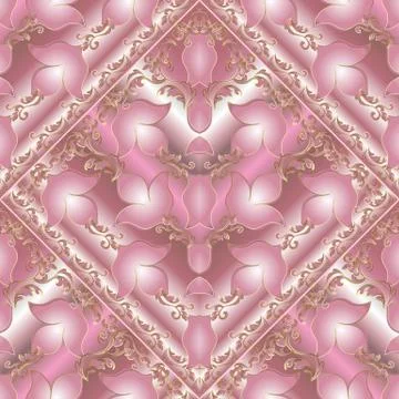 Floral Baroque seamless pattern. Vector pink background with 3d damask flower 스톡 일러스트