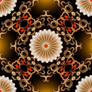 Floral beautiful vector seamless pattern. Ornamental glowing 3d background Stock Illustration
