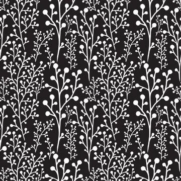 Floral black and white pattern. Twigs seamless backgrond. Stock Illustration