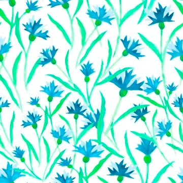 Floral blue cornflowers seamless pattern watercolor vector Stock Illustration