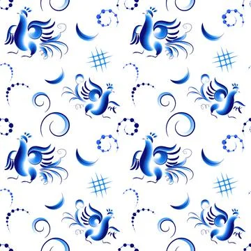 Floral blue pattern with birds Stock Illustration