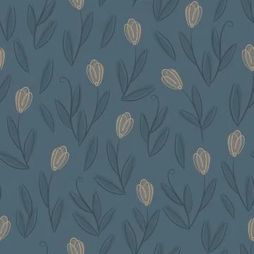 Floral blue seamless pattern with yellow tulips Stock Illustration