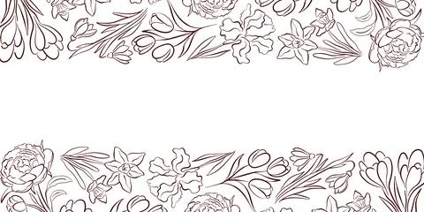Floral border pattern with line art style flower and leaf. Illustration Stock Illustration