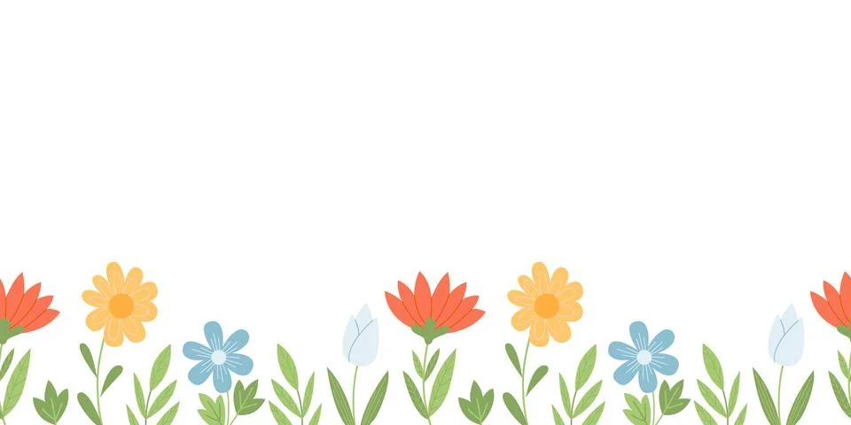 Floral border seamless pattern. Cute horizontal banner with hand drawn spring 스톡 일러스트