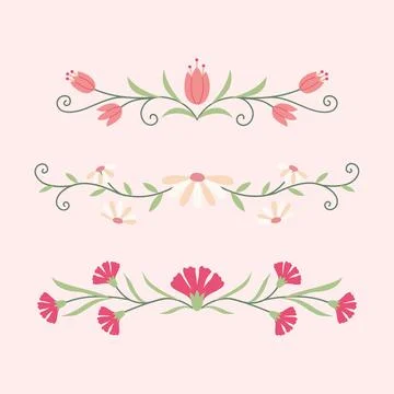 Floral Border Set Vector Illustration in Flat Minimal Style, Botanical Flower Stock Illustration