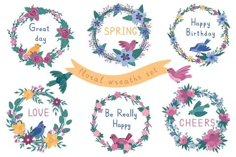 Floral border. Spring flower frame, cute birds. Summer nature congratulatio.. Illustrazione stock