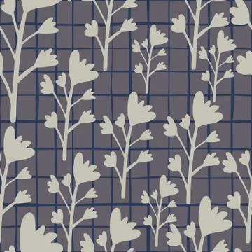 Floral branches random seamless pattern. Grey botanic elements on darl cheque 스톡 일러스트