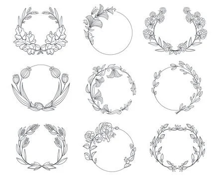 Floral branches round frames. Elegant round wreaths from linear twigs, circle Stock Illustration