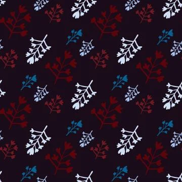 Floral branches seamless doodle pattern on black background. Red and blue bot Stock Illustration