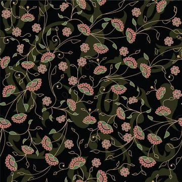 Floral branches seamless repeat pattern in black Stock Illustration