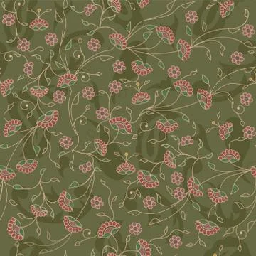 Floral branches seamless repeat pattern in green Stock Illustration