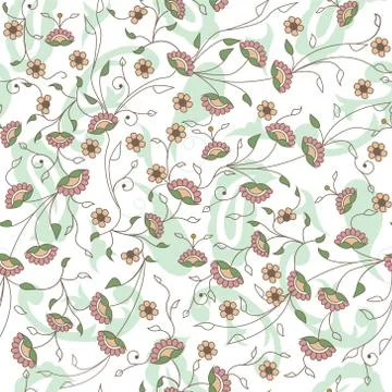 Floral branches seamless repeat pattern in white Stock Illustration