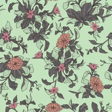 Floral branches seamless repeating pattern with green background Stock Illustration