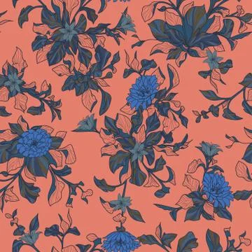 Floral branches seamless repeating pattern with peach background Stock Illustration
