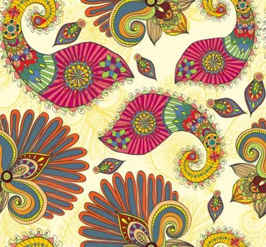 Floral bright seamless pattern with doodle flowers and paisley Stock Illustration