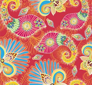 Floral bright seamless pattern with doodle flowers and paisley Stock Illustration