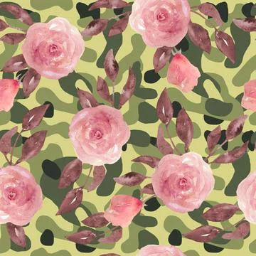 Floral camo camouflage seamless pattern with pink roses flowers. Military army Stock Illustration