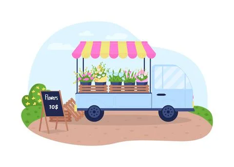 Floral cart 2D vector web banner, poster Stock Illustration