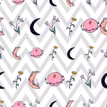 Floral Celestial seamless pattern on grey chevron background Stock Illustration