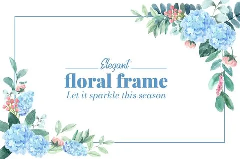 Floral charming frame design with hydrangea, peony watercolor illustration. Stock Illustration