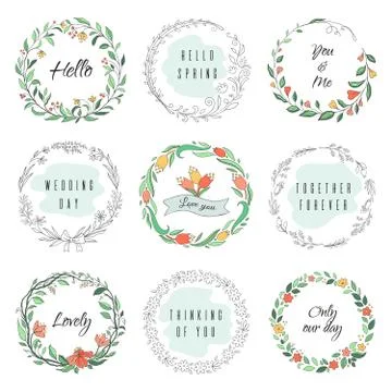 Floral circle doodle frames. Circular laurel wreath, flourish monogram borders イラスト素材