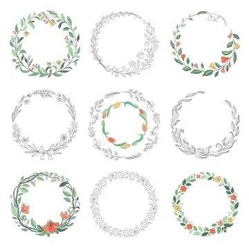 Floral circle doodle frames. Hand drawn linear round borders, florist vintage Stock Illustration