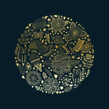 Floral circle with doodles flowers. Round shape emblem made of flowers Stock Illustration