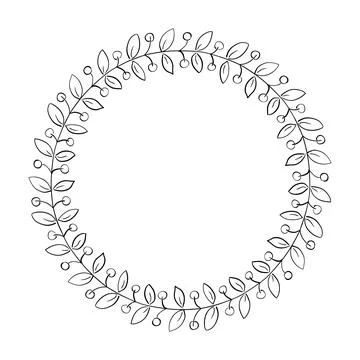 Floral circle frame of outline branch with berries Stock Illustration