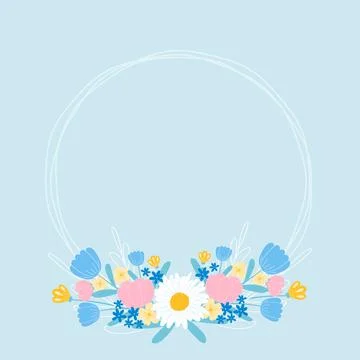 Floral circle frame for wedding invitation or postcards template with on blue Stock Illustration