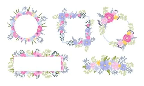 Floral Circular and Rectangular Frames and Borders Vector Set イラスト素材