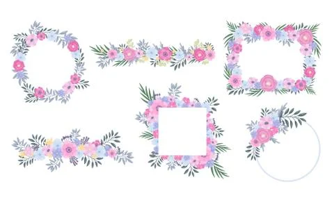 Floral Circular and Rectangular Frames and Borders Vector Set Stock Illustration