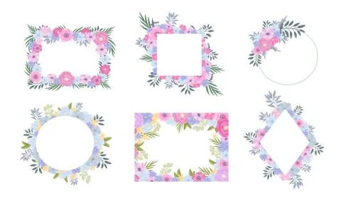 Floral Circular and Rectangular Frames and Borders Vector Set Stock Illustration