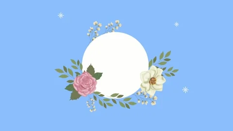 Floral circular frame with roses and leaves on soft blue background, motion.. Vídeos de archivo 333426982