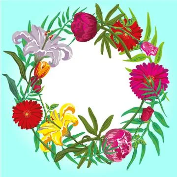 Floral colorful round frame vector card template Stock Illustration