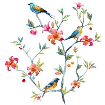 Floral composition with birds Stock Illustration