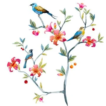 Floral composition with birds Stock Illustration