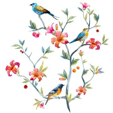 Floral composition with birds Stock Illustration