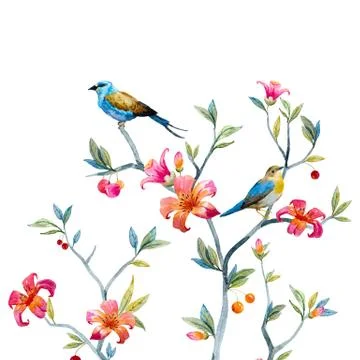 Floral composition with birds Stock Illustration