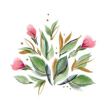 Floral composition with delicate fragrant rose flowers and leaves Stock Illustration