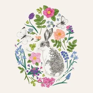 Floral composition with a rabbit. Illustrazione stock